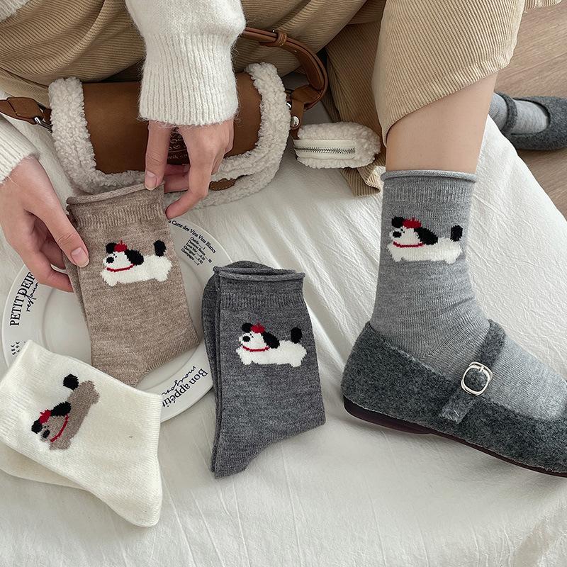 Woolen Socks for Women, Thick and Warm Mid-calf Socks for Autumn and Winter, Cartoon and Cute Grey Long Socks, Pile Socks
