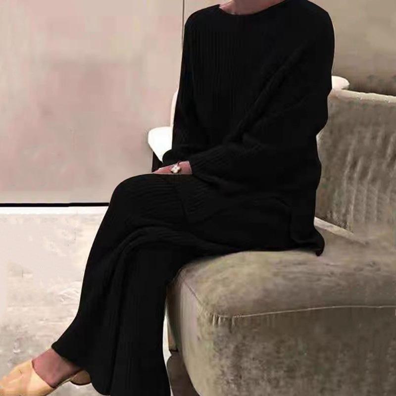 Boční rozpark Pletený svetr Ženy Musilm Soupravy Teplé kalhoty Široké nohavice Dvoudílný oblek Elegantní Žena Skromné islámské oblečení