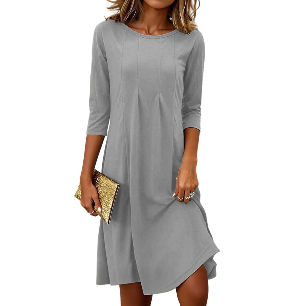 Women's Fashionable And Elegant Pleated Round Neck Three,quarter Sleeve Dress