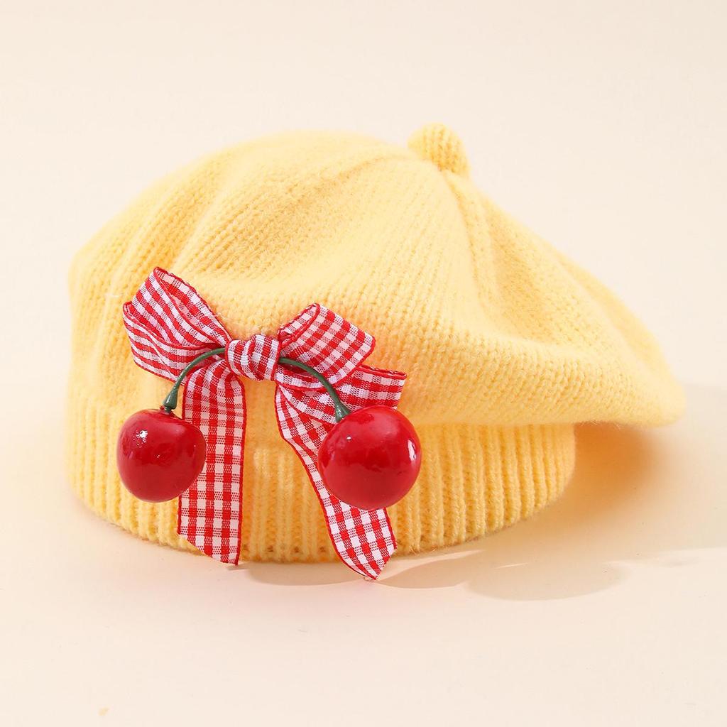 Charming Woolen Beret with Bow & Cherry for Kids - Autumn & Winter Solid Color Hat