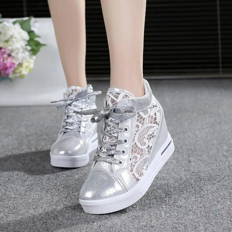 Fashion 2025 New Summer Women's Lace Breathable Mesh Sneakers Flats Loafers High Heels Platform Wedges Ladies Creepers Shoes Fashion