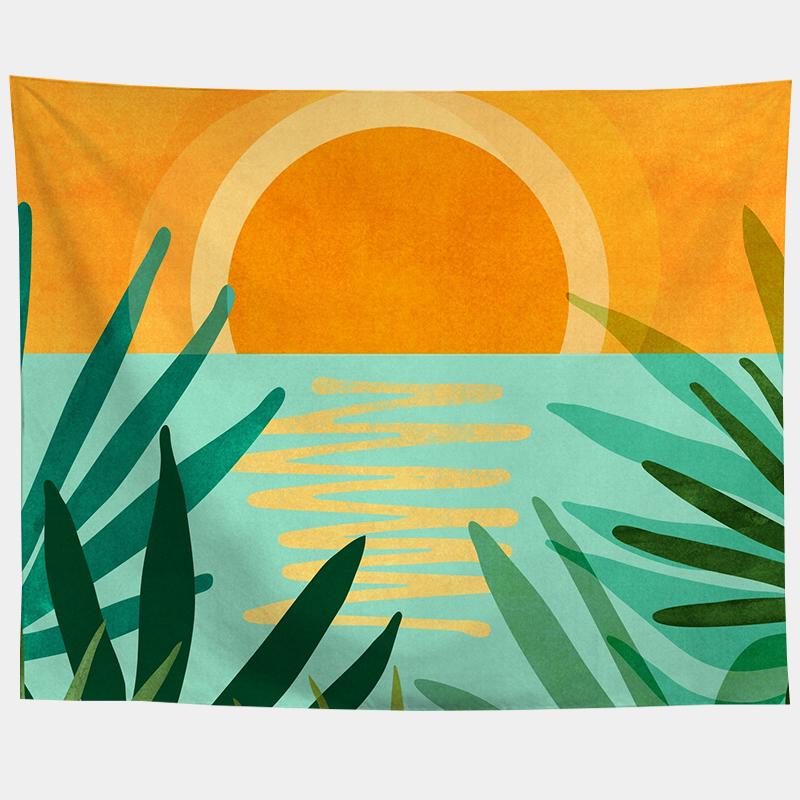 Watercolor Sea Sunset Tropical Forest Print Tapestry  Plants Abstract Landscape Living Room Bedroom Home Decor
