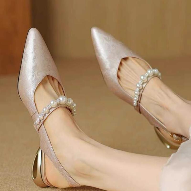 Fashion French  Low Heel Back Empty Single Shoes Women's Summer New Straight Button Pointed Toe Fashion Block Heel Toe Sandals