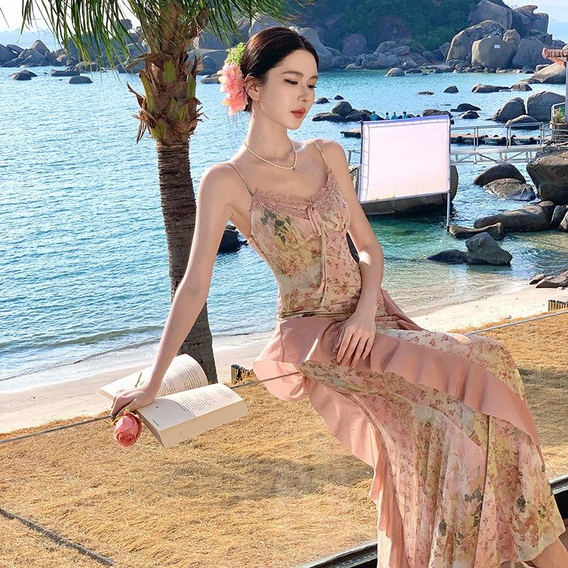 Island Photo Floral Ruffle Edge Fishtail Skirt Elastic Mesh Suspender Dress Vacation Beach Dress