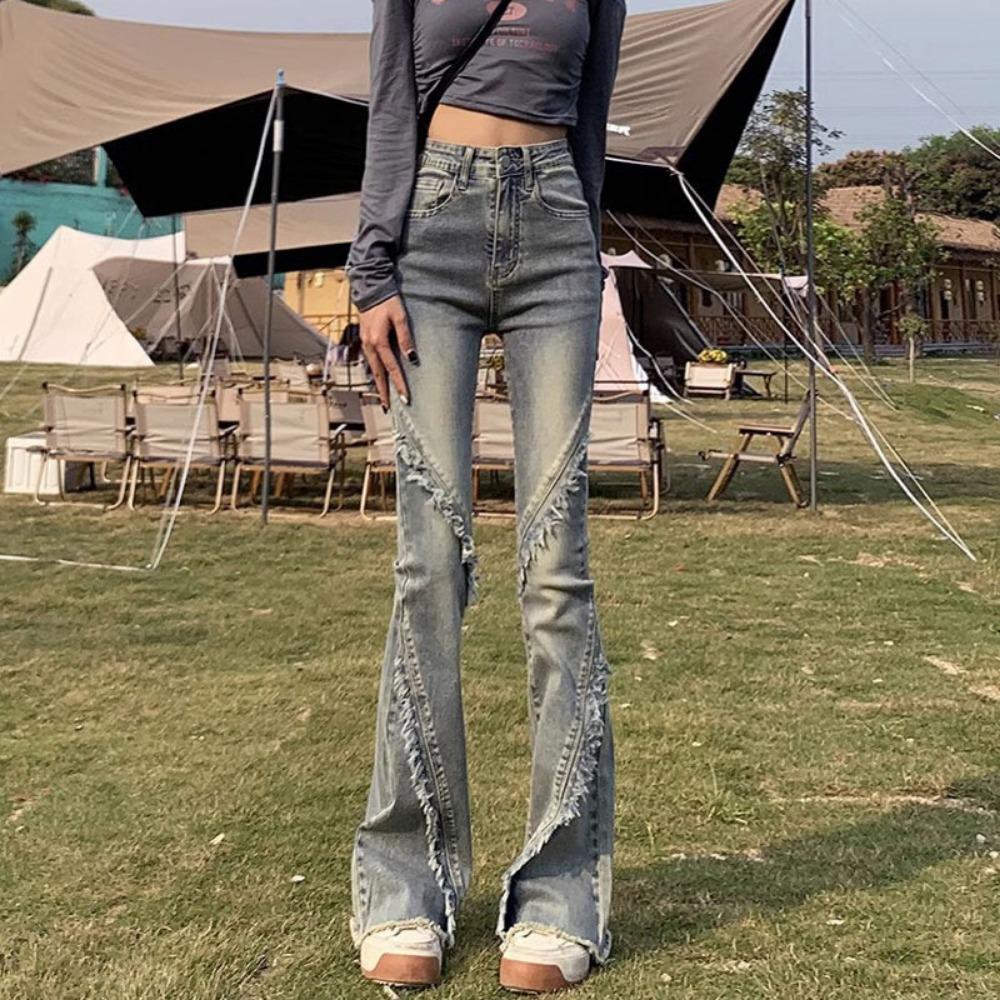 Rough Edge Slightly Pulled Jeans Women's Spring and Autumn New High-waisted Slim-fitting Splicing Nostalgic Horseshoe Horn Jeans