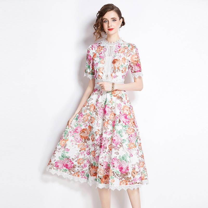 

Элегантное кружевное летнее платье с цветочным принтом для женщин, высокое качество, тонкое праздничное платье с короткими рукавами, халаты Femme S оранжевый