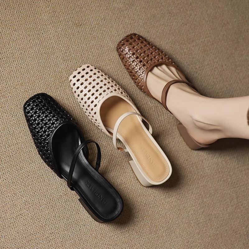 Women's Shoes Square-toed, Flip-top Half-slipper Thick-heeled Retro Woven Hollowed-out Sandals