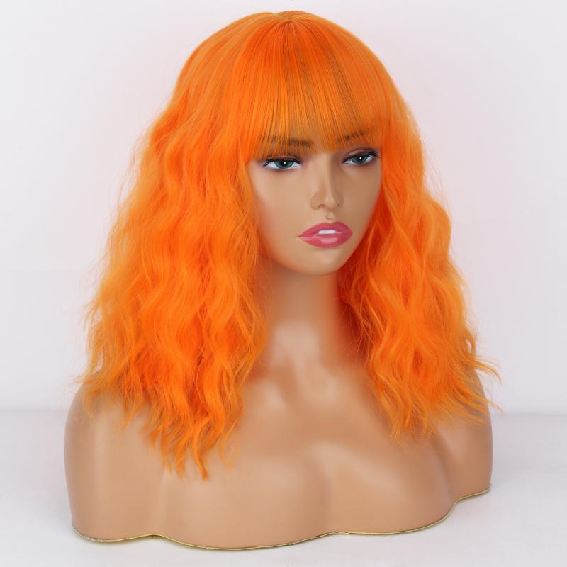 LISI HAIR Rose Red Short Wavy Wig with Bangs Synthetic Fiber Shoulder Length Fashion Cosplay Daily Wear Natural Wavy Wig