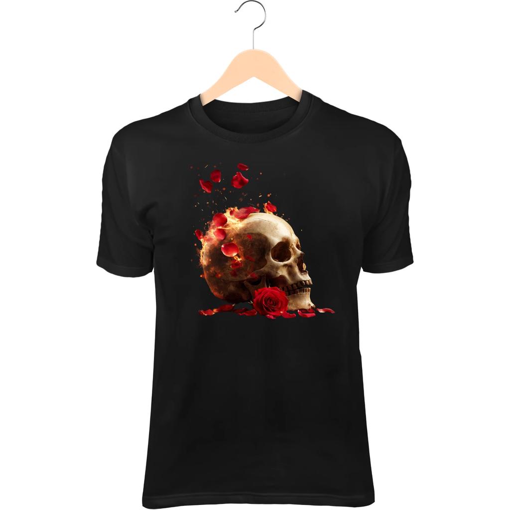 Burning Rose Skull T-Shirt – Skull Holding Flame Rose, Falling Petals