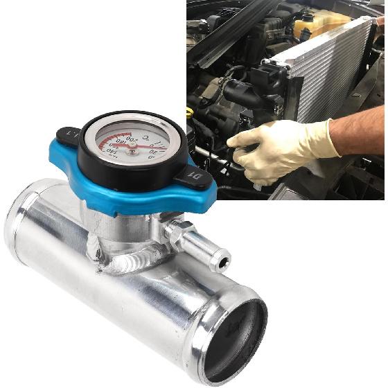 in Line Radiator Hose Filler Neck , Radiator Coolant Filler, Radiator with T Branch Water Pipe Kit, 38mm 1‑1/2in OD with Temp Display T6061