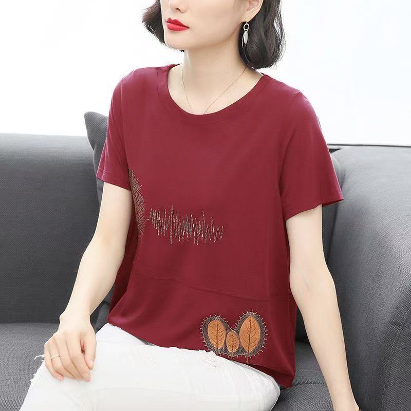 Cotton Leaf Pattern Embroidery T-Shirt O-Neck Three Quarter Sleeve Tshirts Women's Autumn Loose Fit Top