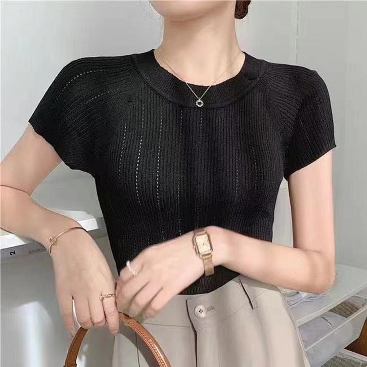 Ageing Round Neck Hollow Vertical Stripes Short-sleeved Knit Shirt Summer Simple Youth Thin Tops Women Casual Essential Slim Fit Pullovers Tees