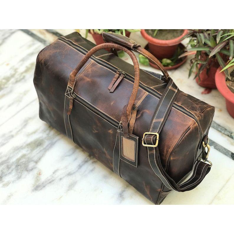 20 Inch Leather Travel Weekend Bag for Men, Leather Travel Bag, Leather Gym Bag, Overnight Travel Bag, Mens Duffle Bag
