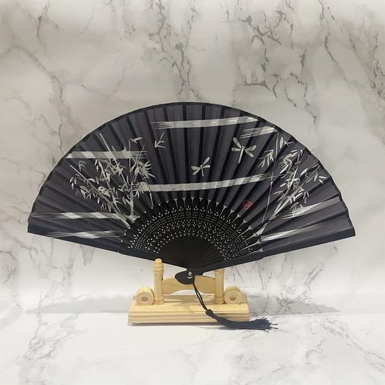Folding Fan with Tassel Style Chinese Bamboo Hand-painted Flower Leaf Print Dance Performance Photo Props