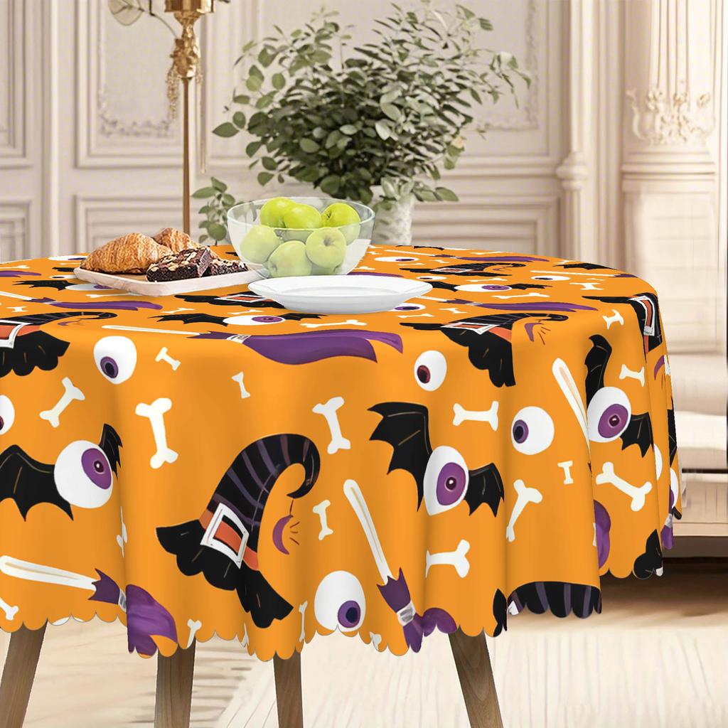 1 Halloween Tablecloth, Orange Background With Black Witch Hat, Bat Pattern - Durable Polyester Fabric