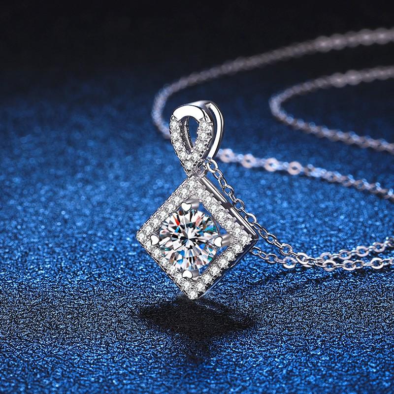 Womens Geometric Square Pendant Necklace D Color Moissanite Platinum Plated 950 1 Carat With Certificate