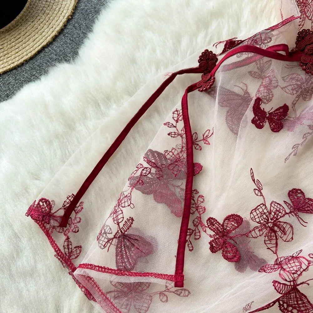 Singerie Mesh Sheer Sexy Nachtkleid Frauen Hollow Out Split Retro Unterwäsche Stickerei Cheongsam Weiblich Schmetterling Muster Erotische Mode Pyjamas 2024