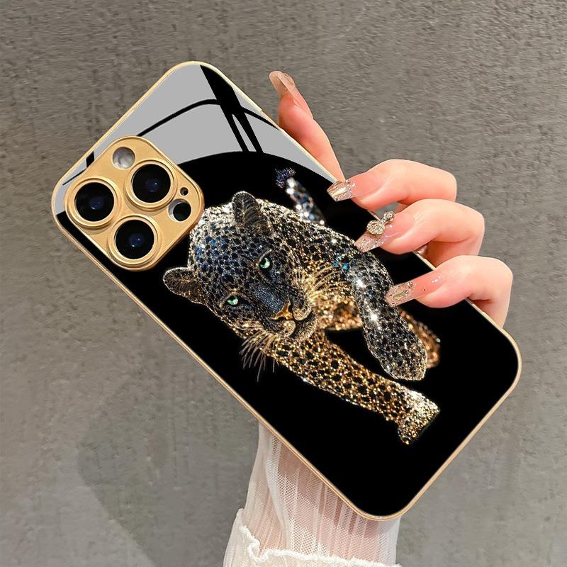 Cool Leopard Animal Print Gold Metallic Paint Glass Phone Case For iPhone 17 16 15 14 13 12 11 Pro Max 16 Plus 17 Air 16E Cover
