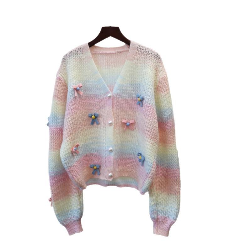 Rainbow sweater jacket autumn and winter new loose short bow sweet wind knitted cardigan women