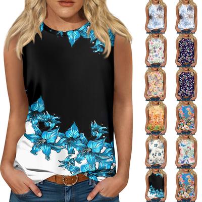 Women's Fashionable Casual Floral Print Round Neck Sleeveless T-shirt Top