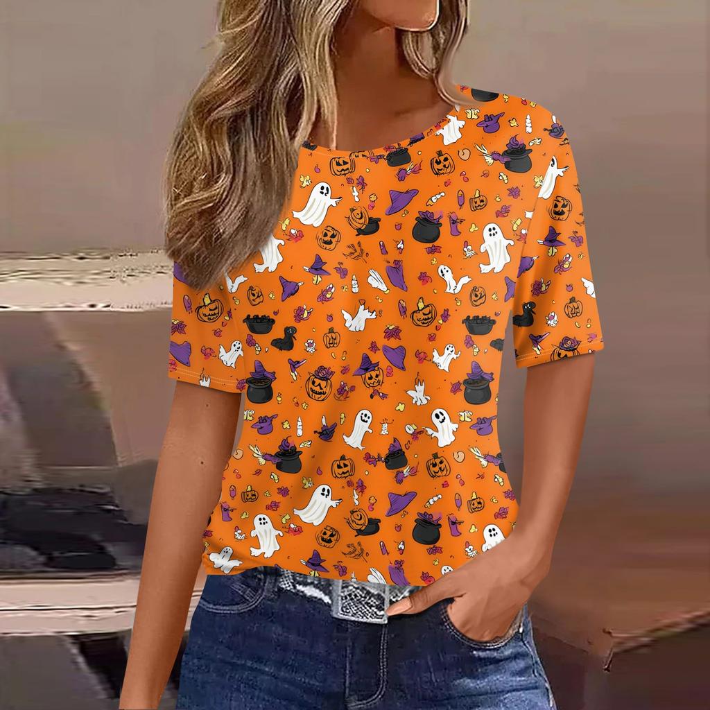 Womens Casual Short Sleeve Pullover Top Halloween Ghost Print Round Neck Relaxed Fit Tee Shirt