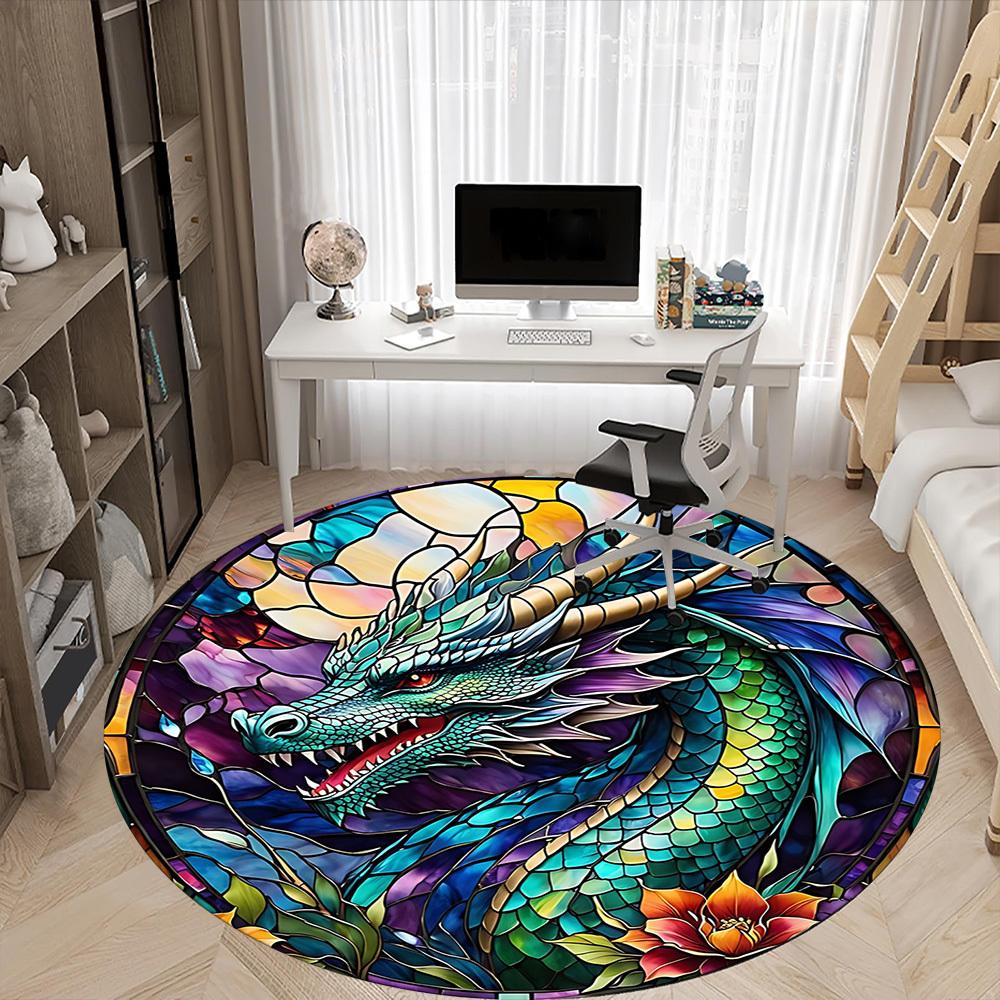 1pc Dragon StainedGlass Office Round Area Rug, Under Office Chairs Bedroom Living Room Home Decor, Room Deco