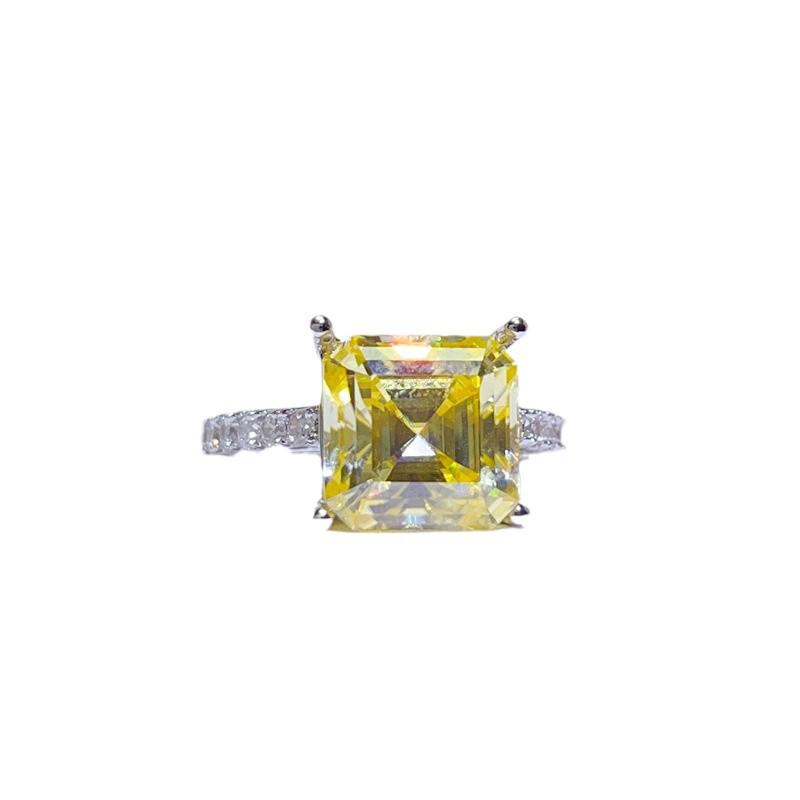 Yellow Moissanite Micro-Pavé Square Ring - Stylish Women's European American Cross-Border Bestseller