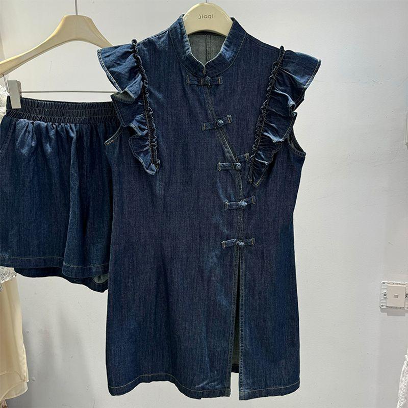 

New Chinese Style Blue Denim Flying Sleeves Buckle Blue M 42.50 kg-55.00 kg