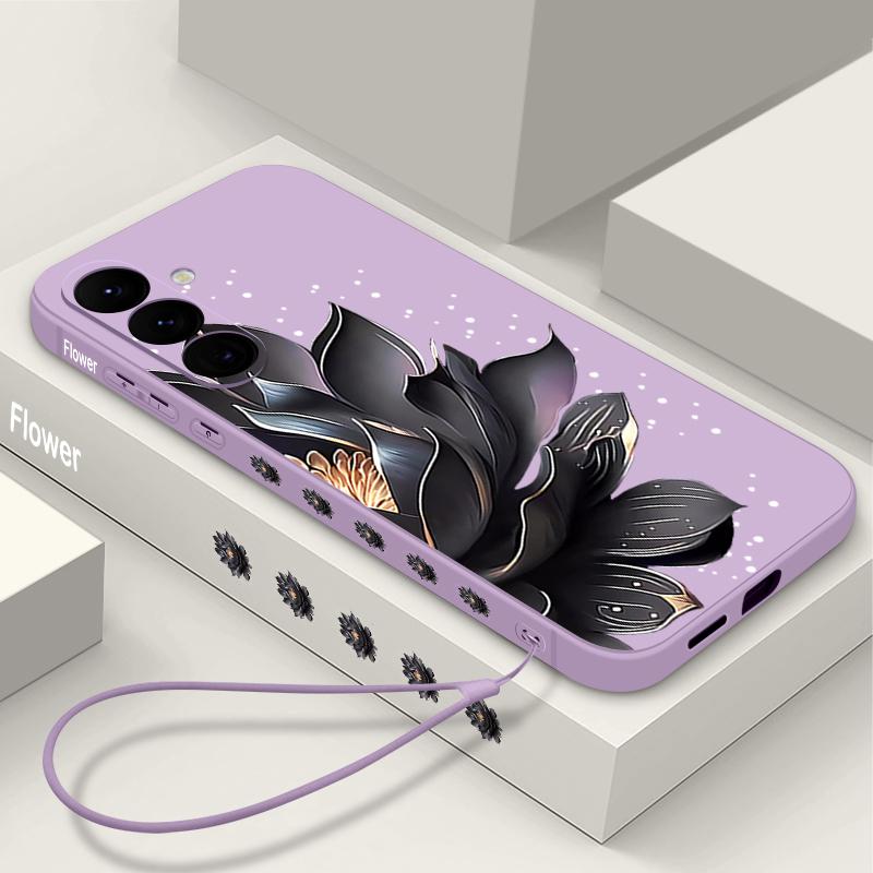 Black Flowers Printing Lanyard Case For Samsung Galaxy S25 Ultra S24 S23 S22 Plus S21 FE A15 A16 A35 A36 A54 A55 A56 5G Capa Coque