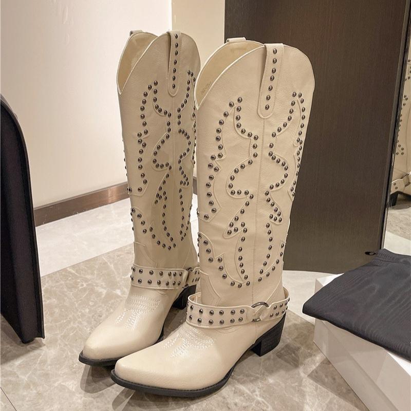 High Heel Rivet Tall Boots Women s Design Sense Block Heel Skinny Motorcycle Boots Vintage Western Cowboy Boots 42 4260₽