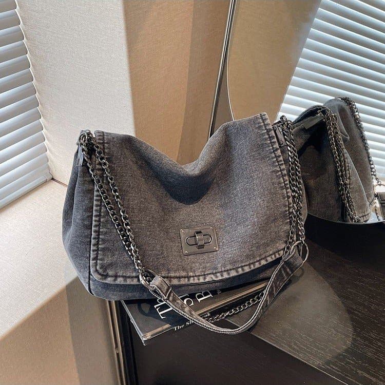 Washed denim chain tote bag women s shoulder bag