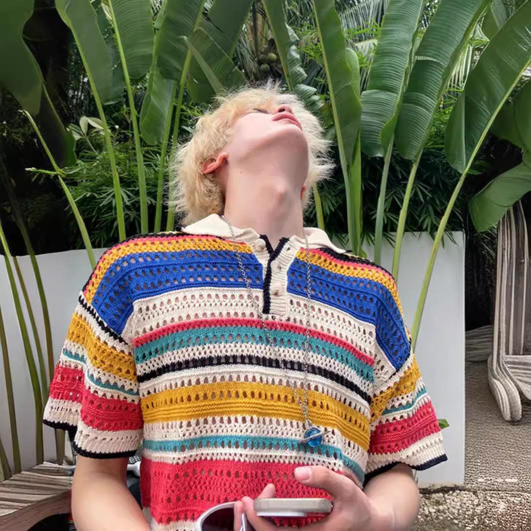 

Cut-Out Color Stitching Sweater, Short Sleeve Men S Design, Striped Knit Sweater, American Retro Polo Shirt Trend 2XL чорний