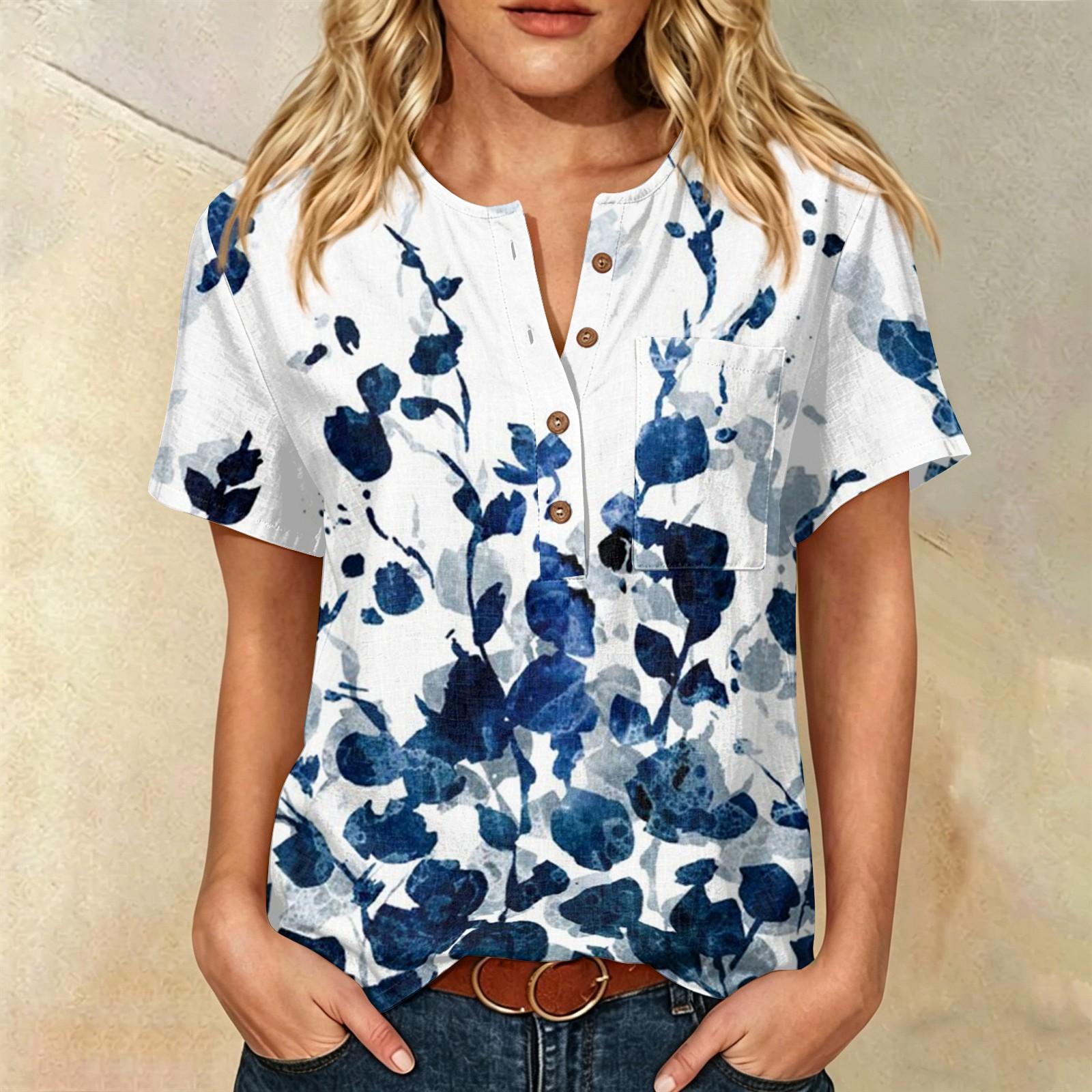 

Women’s Fashion Printed Henley Button Front Chest Pocket Short Sleeve Cotton Linen Shirt Casual Loose Fit Top L синий