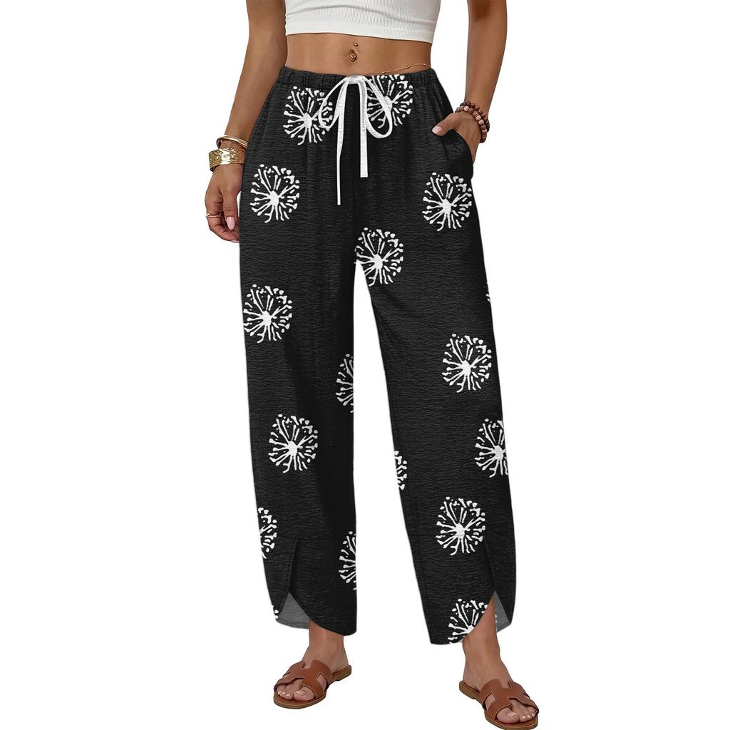 Women's Casual Wide Leg Pants with Button Front, Loose Fit Printed Pattern Trousers