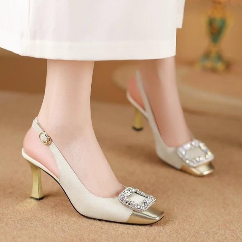 

Fashion New Summer Fashion Square Toe Stiletto Stiletto Sandals Women Wear Wrapped Head Sequin Buckle One Strap Kitten Heel Sandals 35 бежевый