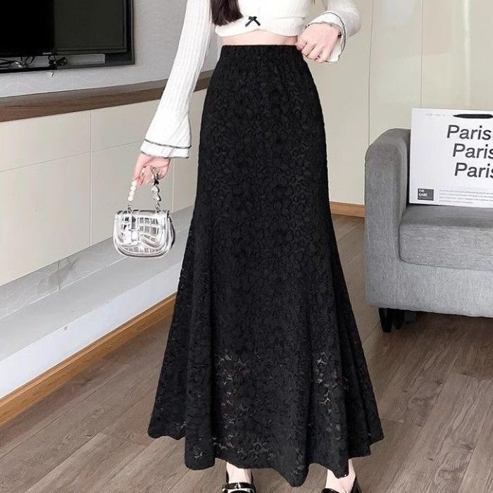 High-Waist Fishtail Lace Skirt with Ruffle and Embroidery