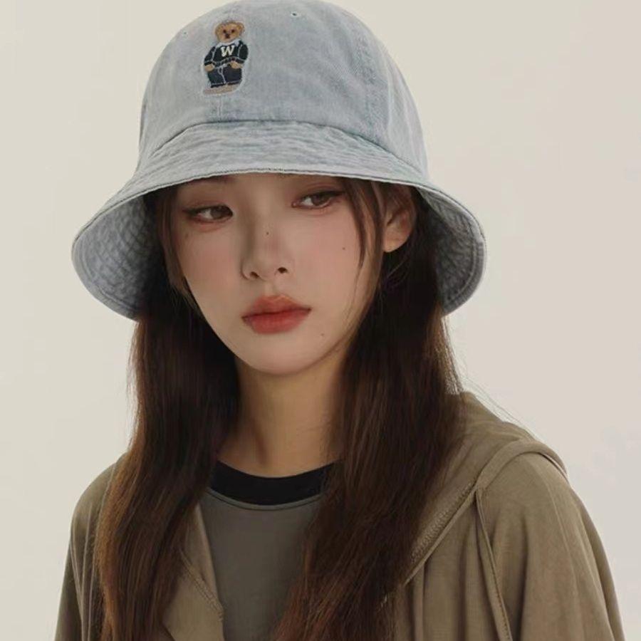 Vintage Washed Denim Bucket Hat Female Face Small Visor Cartoon Bear Embroidery Basin Hat Tide