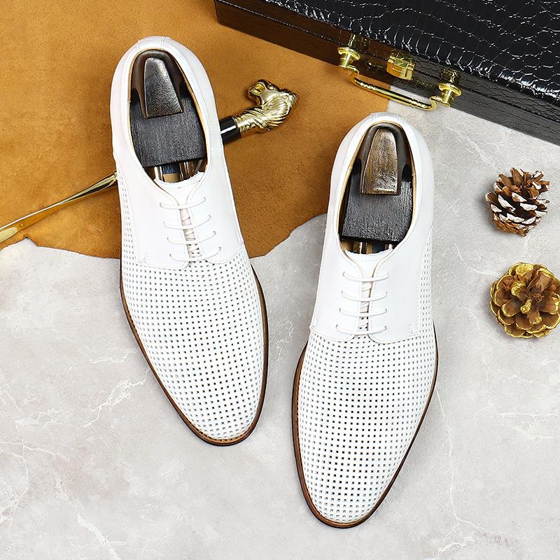 Summer Men Dress Shoes 2024 New Wedding Social Suit Luxury Genuine Leather Handmade Comfortable Fashion Hollow White Shoes Man