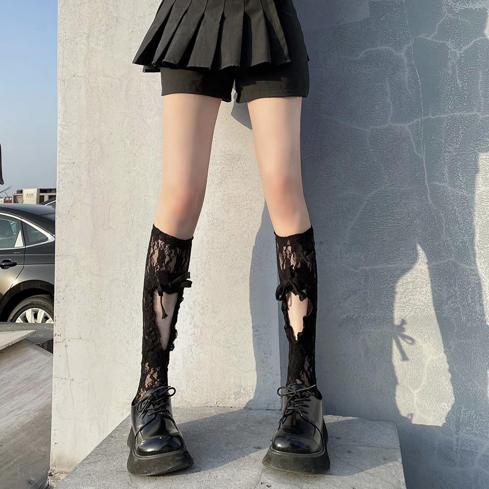Hollow Love Drawstring White Medium Tube Socks Children'S Summer Thin Trendy Sweet Japanese Lace Calf Socks Bow