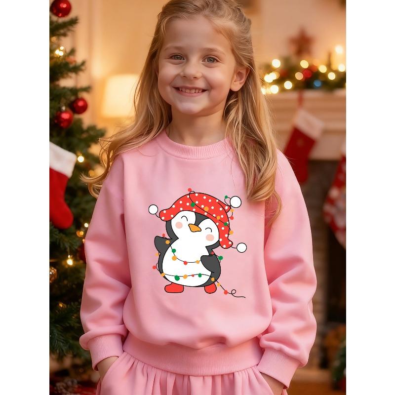 European sizes Kids' Penguin Christmas Themed Crew Neck Sweatshirt Cute Cartoon Penguin with Colorful Christmas Lights, Fashionable Personalized Print