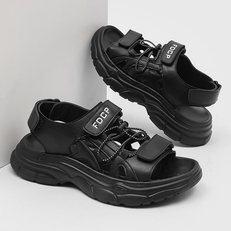 Premium Open-toed Sandals Summer Wear New Thick-soled Cool Slippers Internet Celebrity Beach Shoes 471222 Black -J