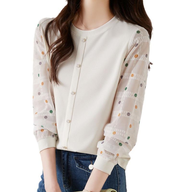 Polka Dot Long Sleeve Chiffon Blouse Women Autumn French Youthful Knit Top Patchwork Shirt