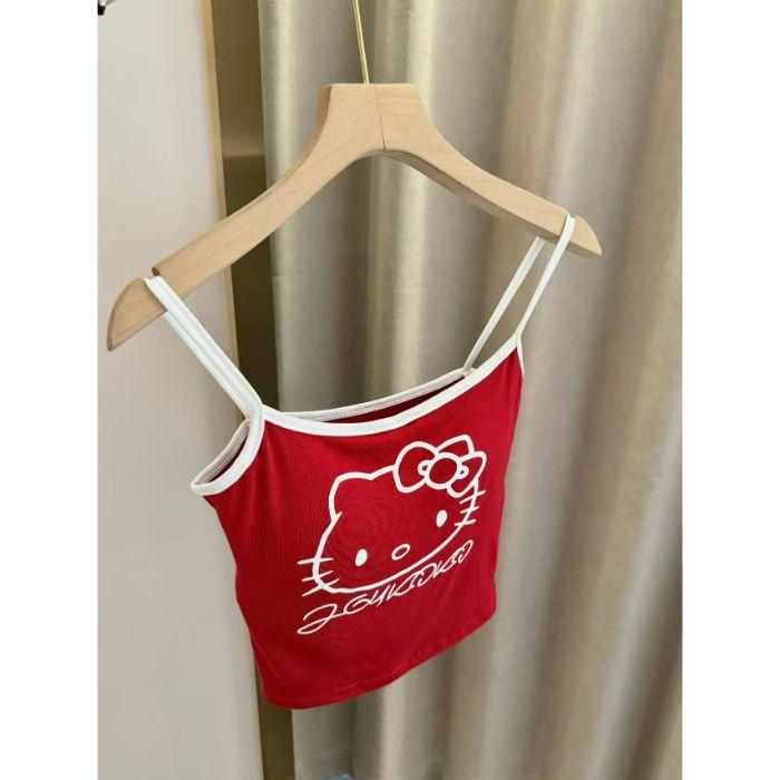 Summer New Sweet and Spicy Style Contrasting Color Edge KT Cat Print Suspender Vest Female Slim Slim and Thin Versatile Top