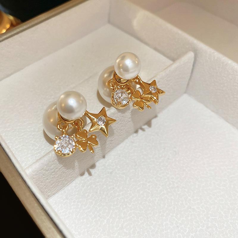

Real gold electroplated silver needle bow artificial pearl stud earrings niche simple temperament earrings a two wear earrings women