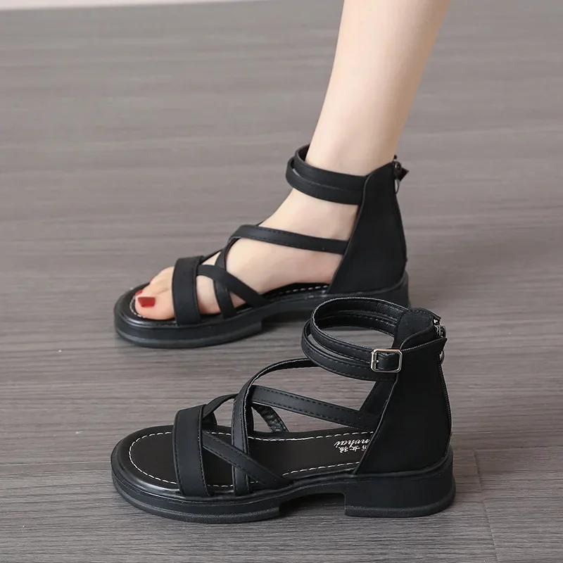 2025 Sandals Black Shoes for Women Summer Heels All-Match New Beige Comfort Beach Low Fashion Girls Flat Gladiator Clear Lace