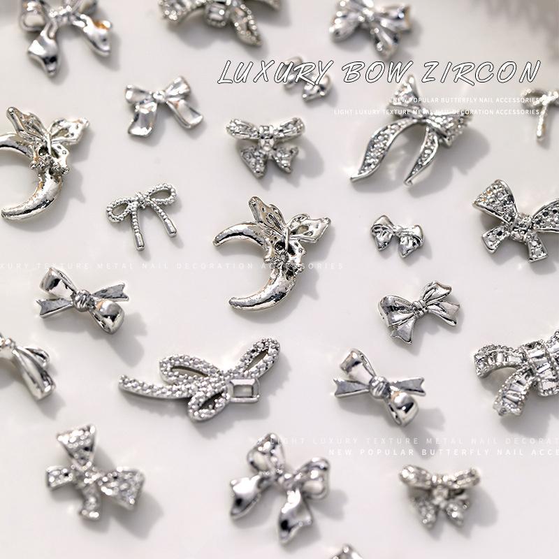 10Pcs Silver Alloy Nail Art Bow Charms Accessories Parts For Manicure Decorate Retro Nails Decoration Design Supplies