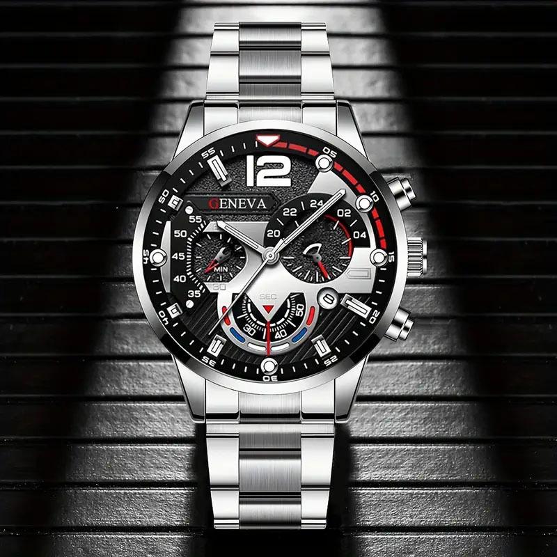 Men's Luminous Quartz Sports Watch with Steel Strap and Calendar