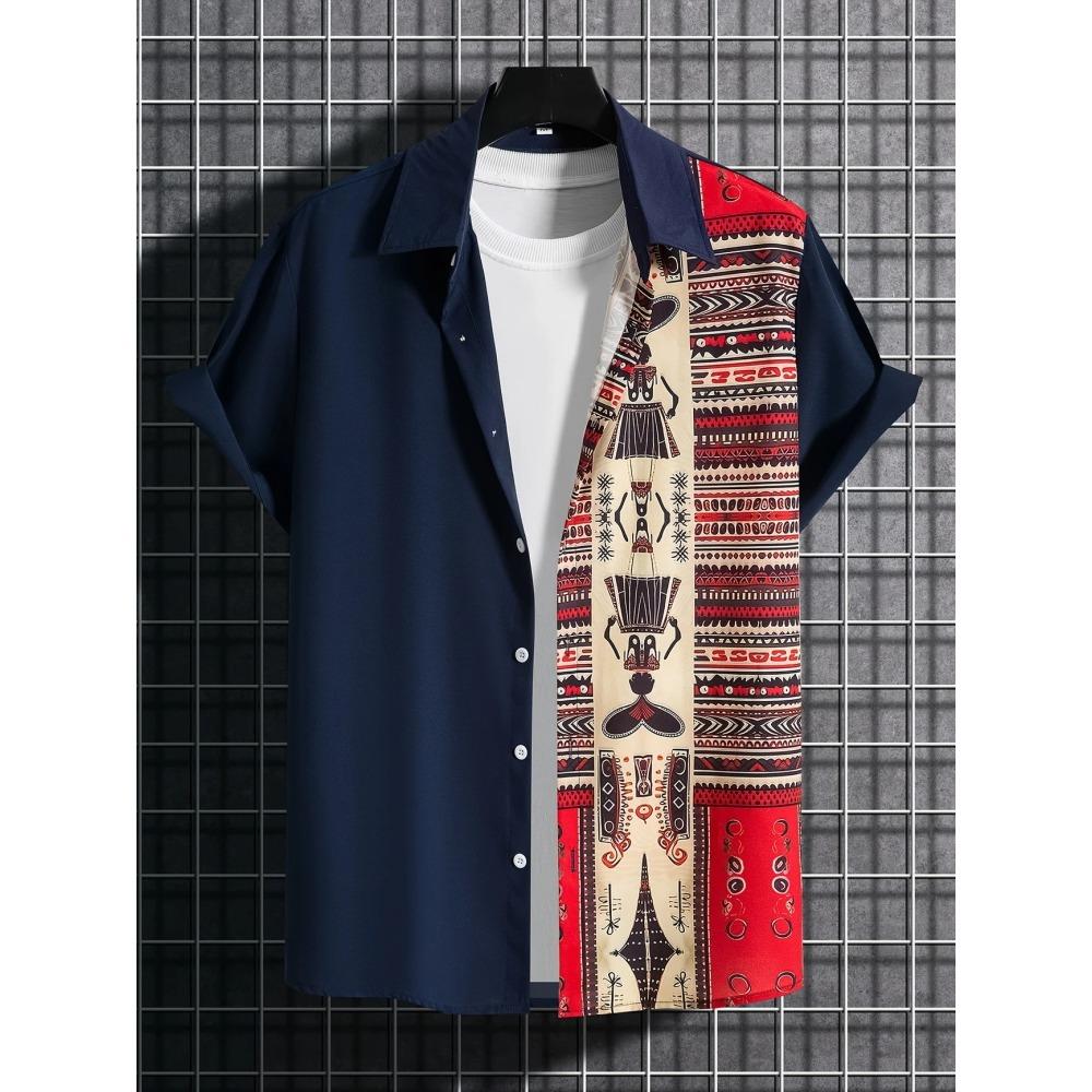Summer 2025 Men's Short-sleeved Shirt With Black And White Stripes And Collection Pattern Print Single-breasted Fashion Shirt
