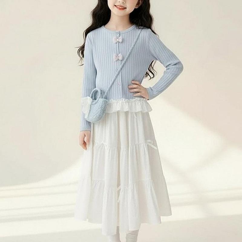 Girls' Sweet Set - Spring/Autumn Children's Fashion Long-Sleeved Top and Half-Dress Set