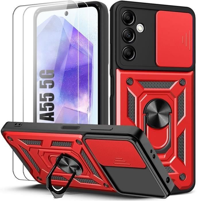 Coque de protection - samsung - galaxy a55 5g - antichoc - rouge - avec 2 verres trempés